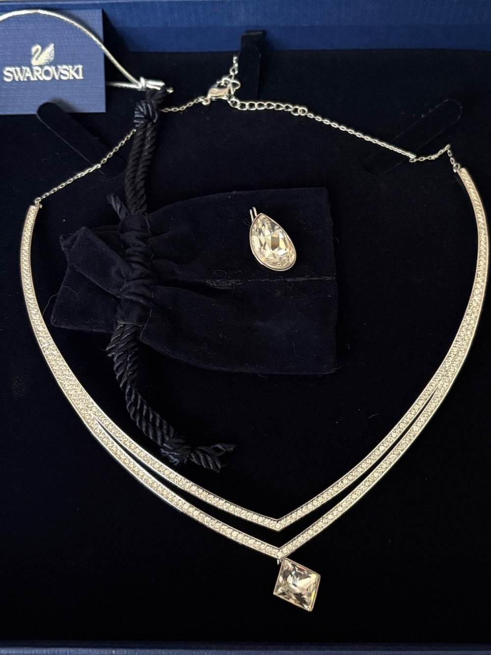 Swarovski Silver-Tone Crystal Necklace with Square and Teardrop Pendant